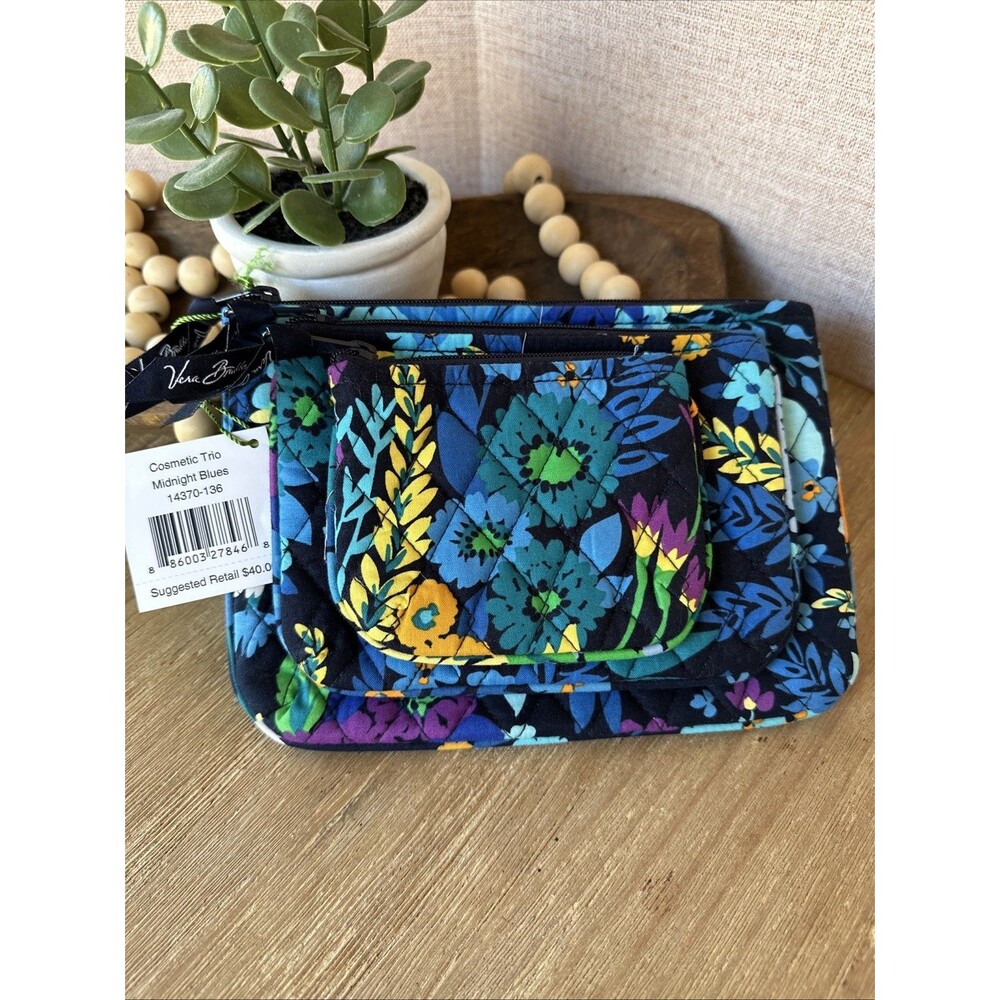NWT Retired Vera Bradley Cosmetic Trio Pouch Set in Midnight Blues